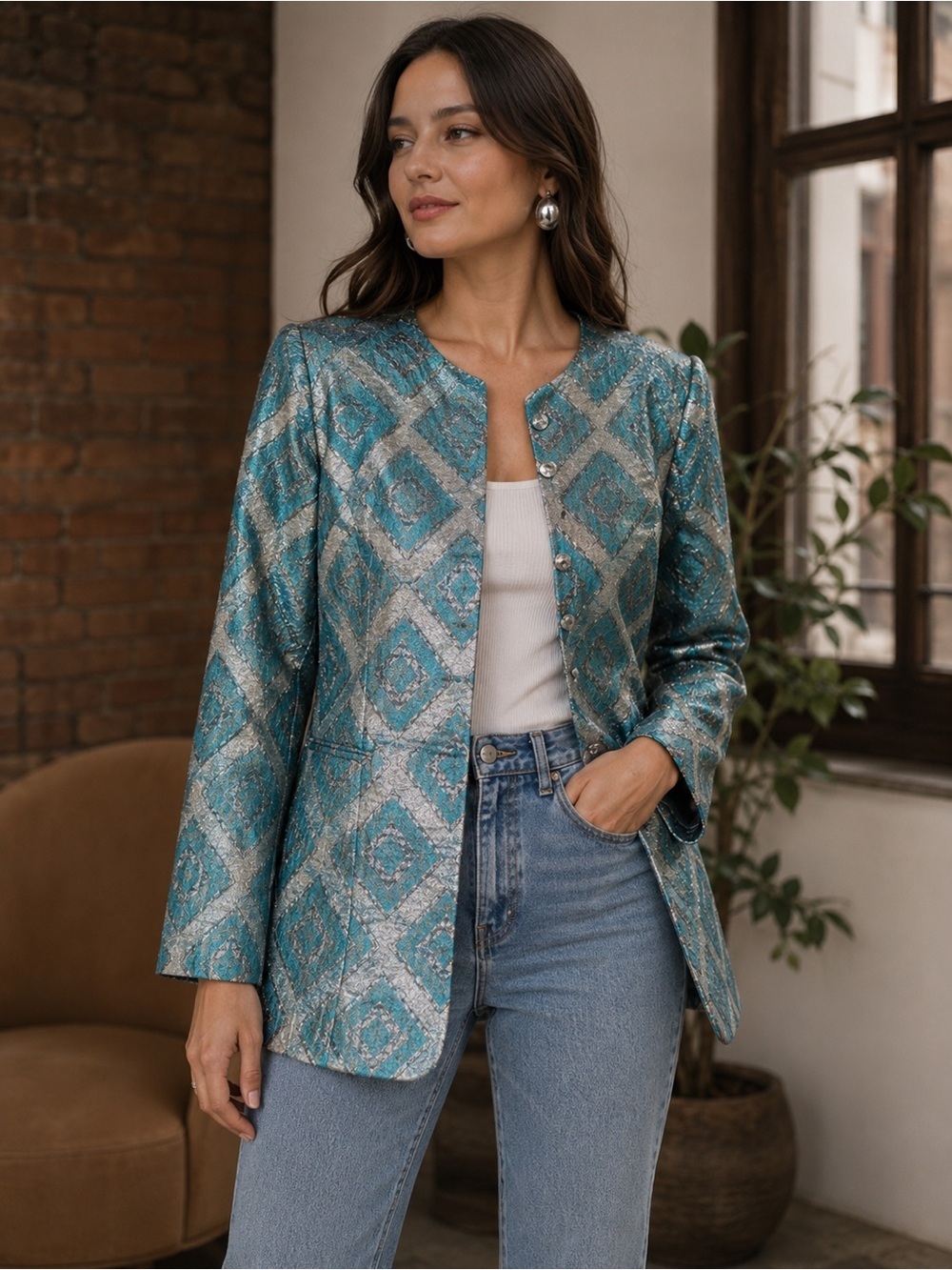 Ronda Roy Montreal Vintage 60s Geometric Metallic Turquoise Silver Blazer Size S